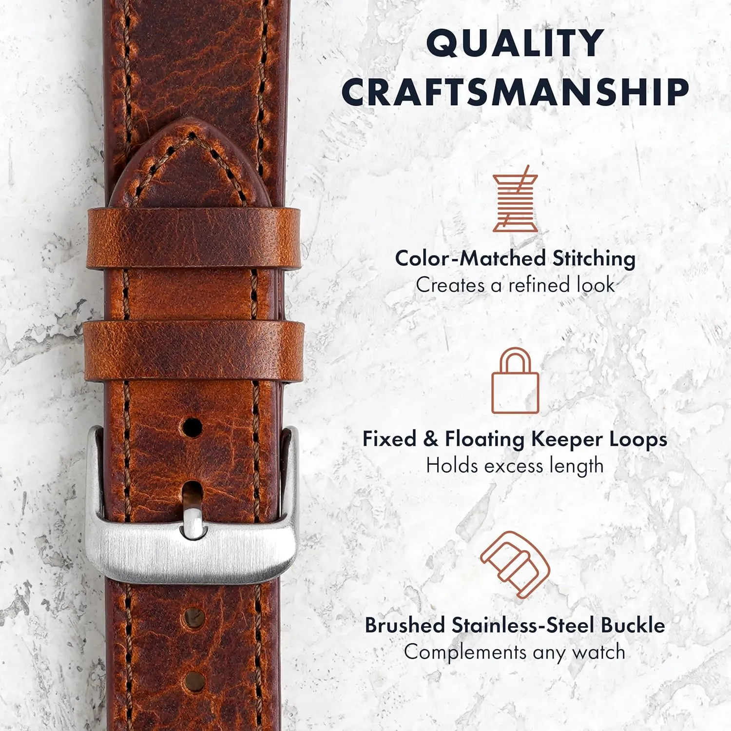 Benchmark Leather Watch Band  Italian Vegetable Tanned Leather  Smooth or Rustic Pull-Up Full Grain Leather Watch Strap  Quick Release Spring Bars  Choice of Color and Width  18mm, 20mm, 22mm
