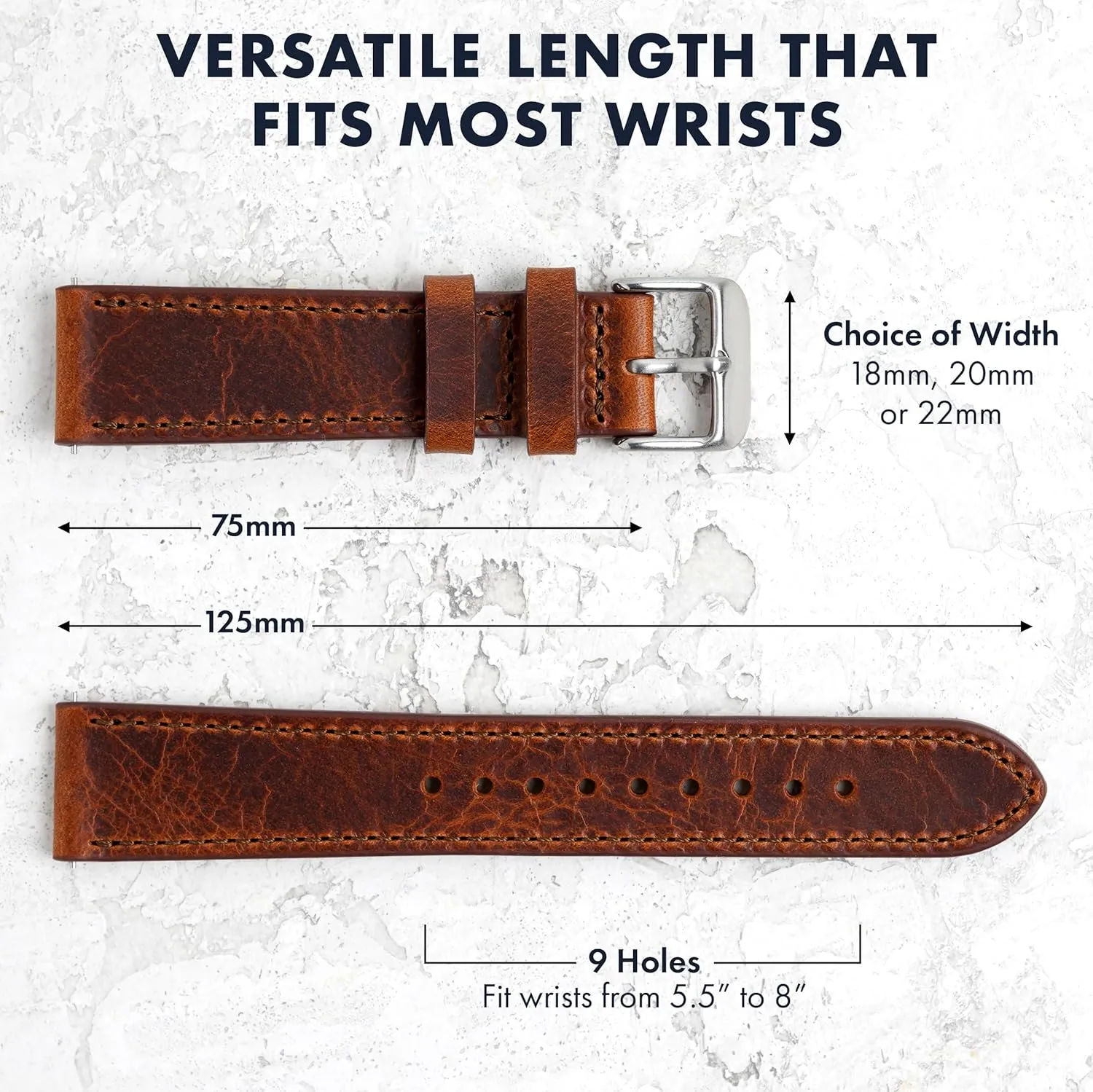 Benchmark Leather Watch Band  Italian Vegetable Tanned Leather  Smooth or Rustic Pull-Up Full Grain Leather Watch Strap  Quick Release Spring Bars  Choice of Color and Width  18mm, 20mm, 22mm