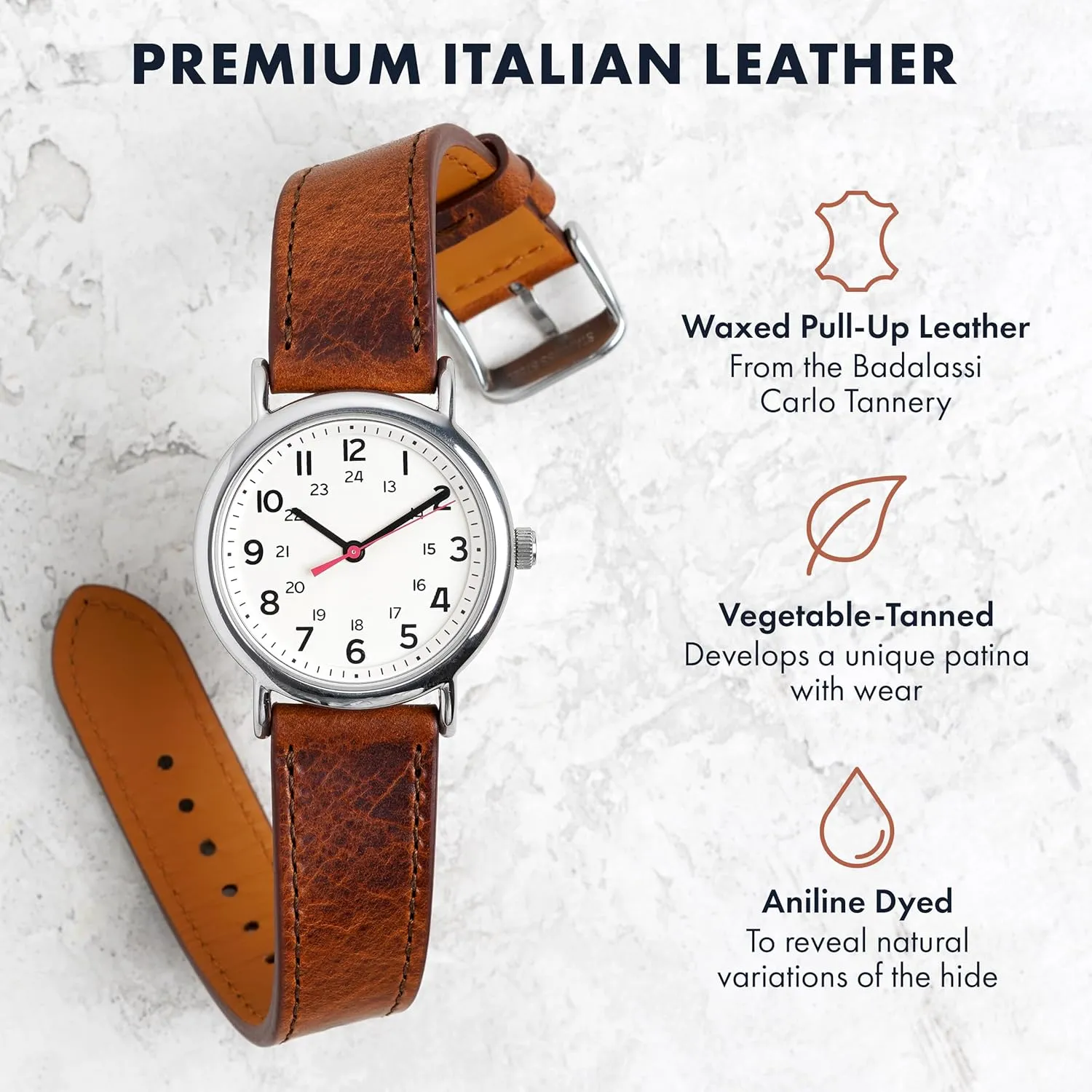 Benchmark Leather Watch Band  Italian Vegetable Tanned Leather  Smooth or Rustic Pull-Up Full Grain Leather Watch Strap  Quick Release Spring Bars  Choice of Color and Width  18mm, 20mm, 22mm