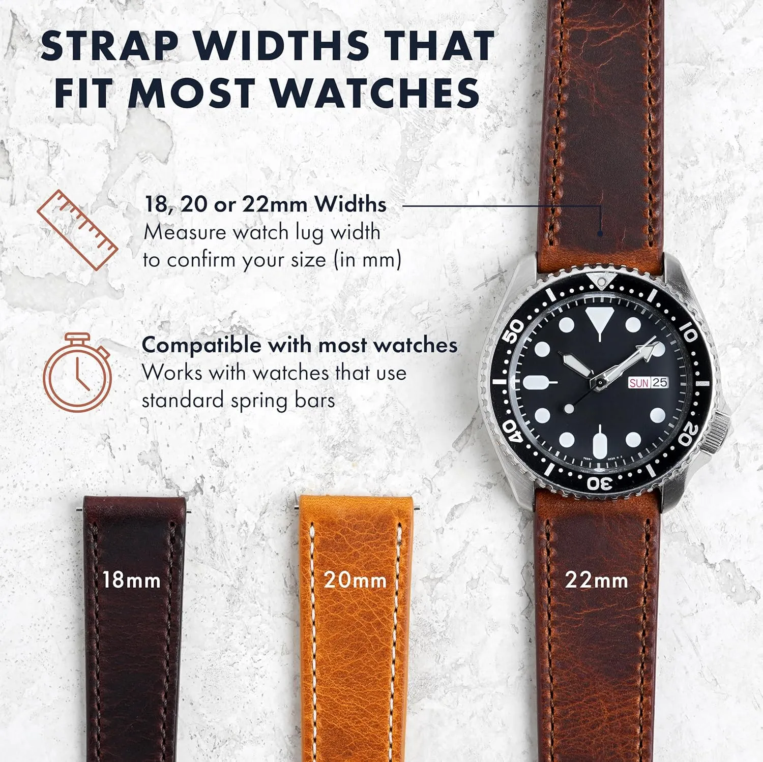 Benchmark Leather Watch Band  Italian Vegetable Tanned Leather  Smooth or Rustic Pull-Up Full Grain Leather Watch Strap  Quick Release Spring Bars  Choice of Color and Width  18mm, 20mm, 22mm