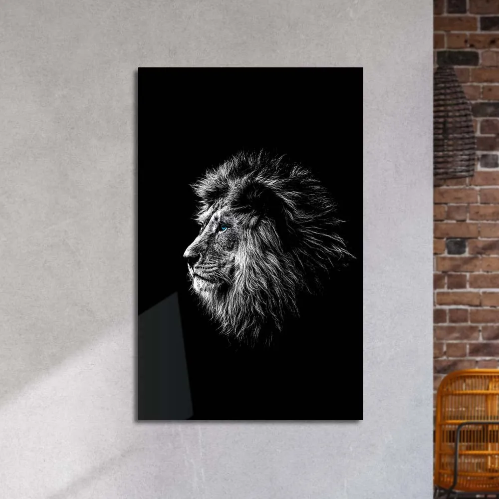 Black and White Lion with Blue Eyes Glass Wall Art