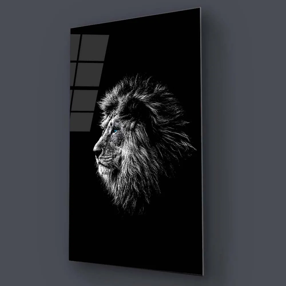 Black and White Lion with Blue Eyes Glass Wall Art
