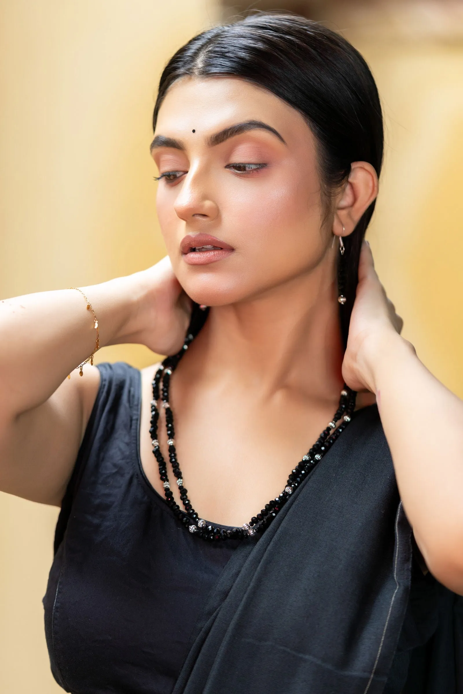 Handmade Double Layer Black Crystal German Silver Beads Necklace with Earrings Jewelry Set