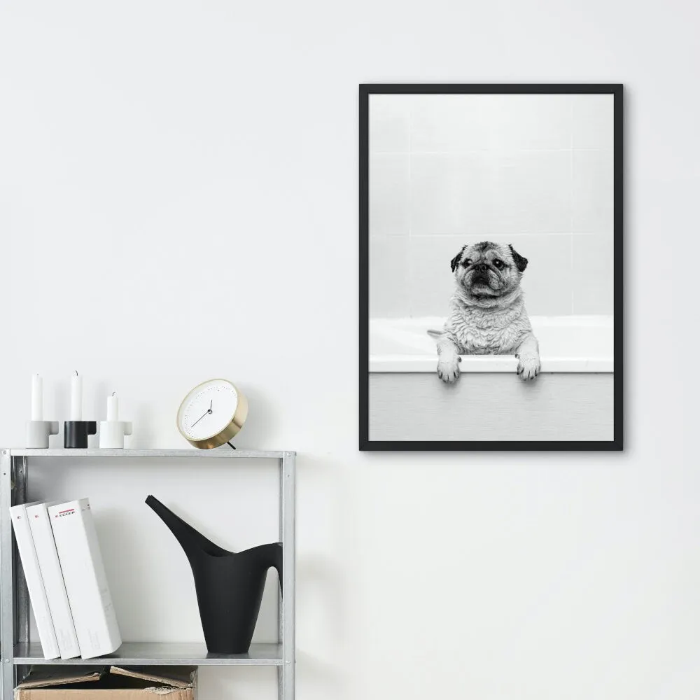 Pug In Bathtub Black And White Print PRINTABLE WALL ART, Pets In Bathtub, Bathroom Art Print, Black & White Glam Decor, Dog Gift, Pug Wall Art