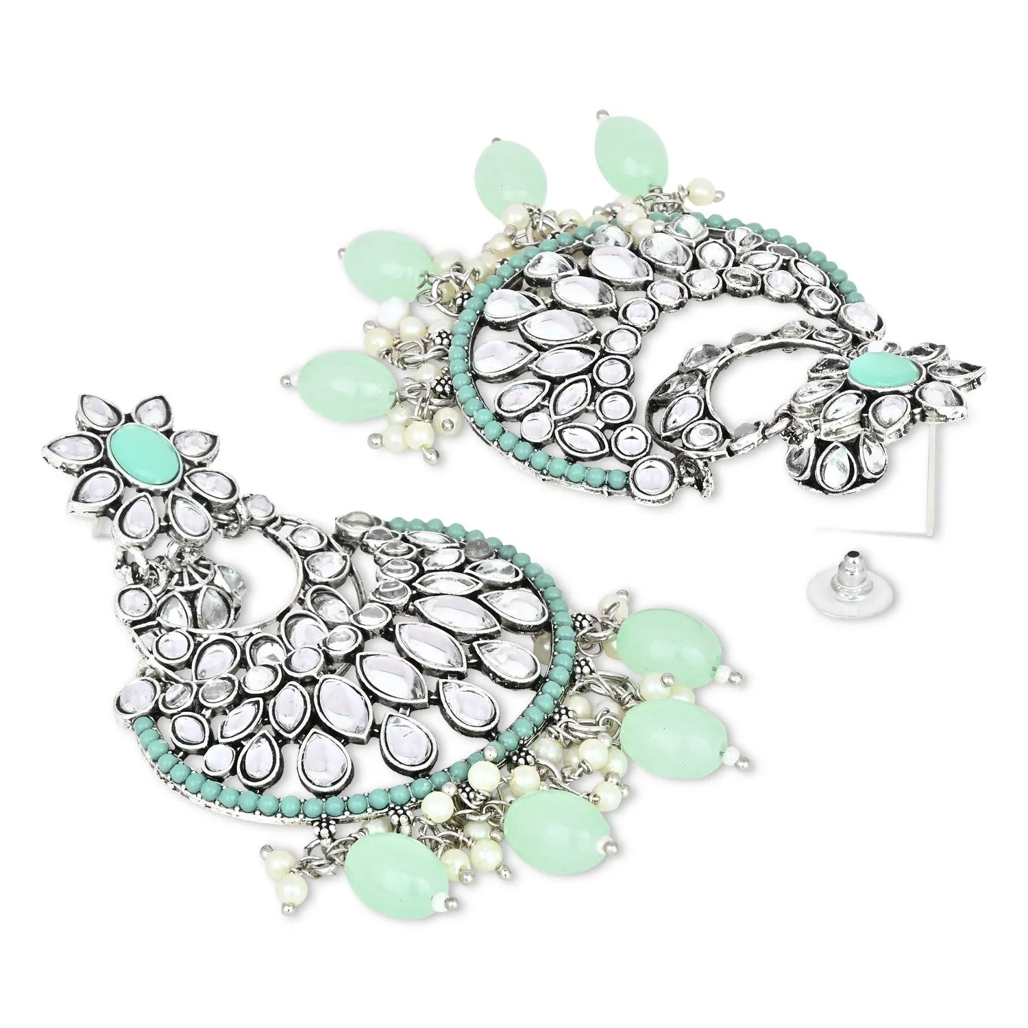 Silver Plated Traditional Handcrafted Pearl Kundan Beaded Chandbali Earrings for Women/Girls