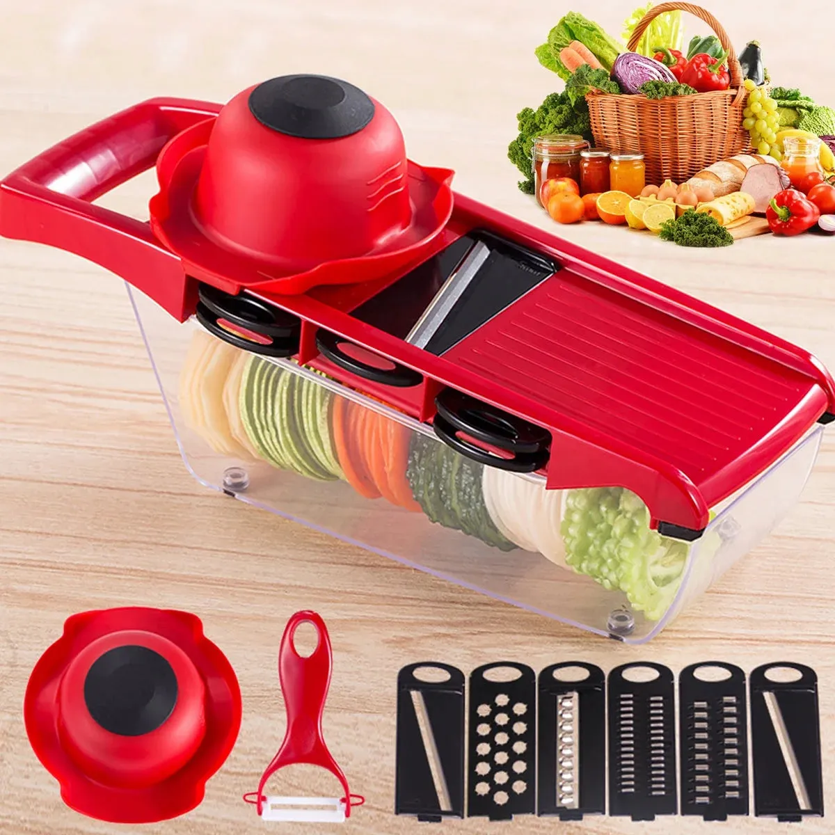 Vegetable Cutter with 6 Blades Multifunctional Mandoline Onion Chopper Time Saving Vegetable Fruits Dicer Kitchen Food Slicer Mincer with Container for Salad Potato